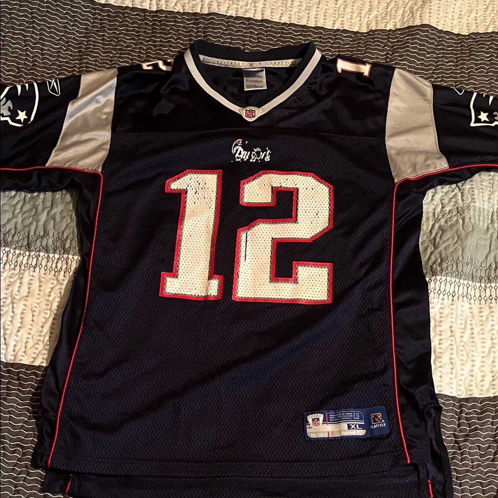 Navy Blue Football Jersey with Red and White Accents